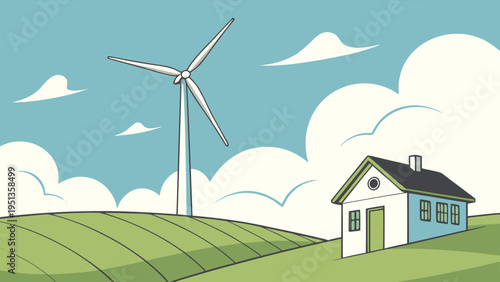 Wind turbine and small house on green rolling hills in a flat vector illustration representing sustainable energy and eco-friendly rural living concepts.