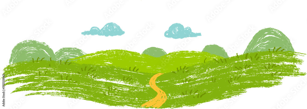 Obraz premium Hand drawn panoramic landscape showing winding orange path leading through green grassy hills towards blue horizon. Scribble art background for children book or game in cartoon doodle style 