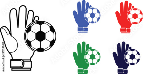 Vector illustration set showing five goalkeeper gloves with soccer balls, evolving through different color variations including black, red, blue, green, and navy designs