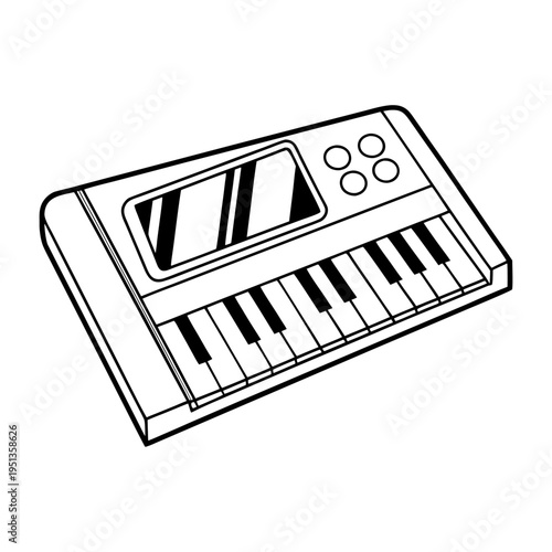 Isolated musical keyboard illustration, midi synthesizer, electronic musical instrument, Hand holding newspaper icon vector illustration.