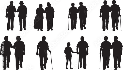 Silhouettes of people walking together with canes or holding hands