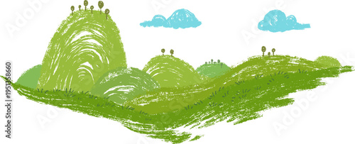 Stylized panoramic view of steep green mounds and hills populated with several small thin trees against minimalist sky. Scribble art background for children book or game in cartoon doodle style
