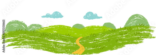 Hand drawn panoramic landscape showing winding orange path leading through green grassy hills towards blue horizon. Scribble art background for children book or game in cartoon doodle style 