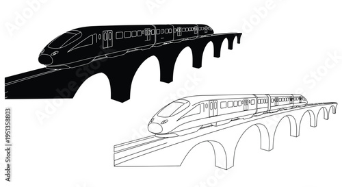 A black and white illustration depicting a high speed train on a bridge