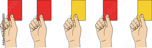 Vector illustration set showing five hands holding red and yellow cards, representing decision-making, signaling, or game actions in different variations