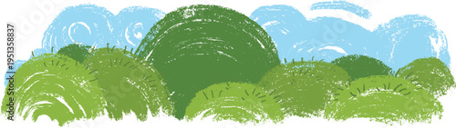 Panoramic landscape filled with dense rounded green hills and bushes under swirling blue cloud sky. Scribble vector background for children book or game in cartoon doodle style made from pencil