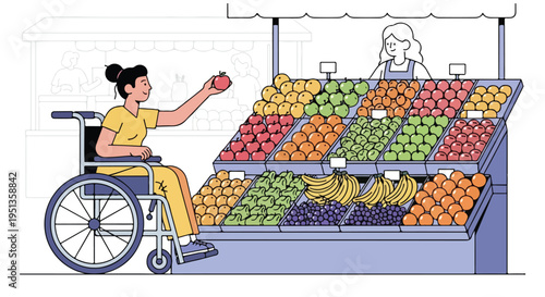 Person in wheelchair selects fresh apple from vibrant fruit stand