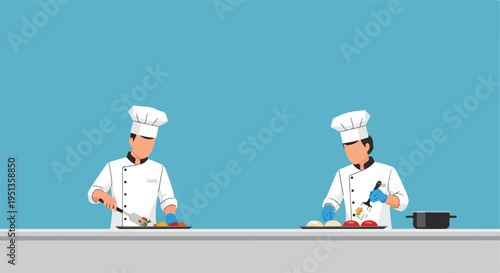 Two chefs in white uniforms and hats prepare food on a counter