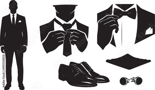 Elegant Man in Suit with Accessories Silhouette Vector Illustration