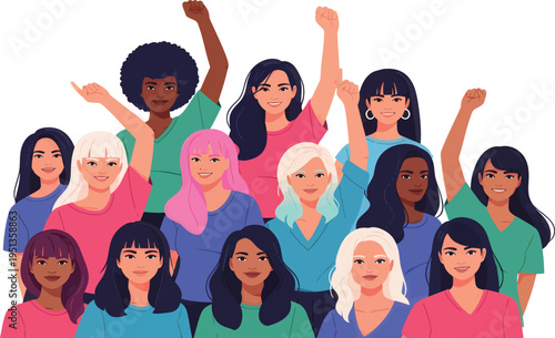 Diverse multi-ethnic women standing together with raised fists for empowerment vector