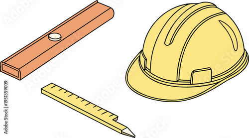 Yellow hard hat and construction tools including a spirit level and measuring ruler on white background in isometric vector illustration for building projects.