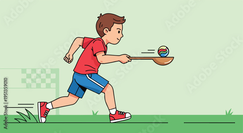 A child runs with a colorful ball balanced on a spoon in a race