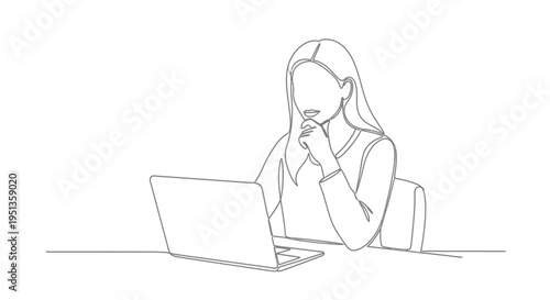 Woman thoughtfully using a laptop depicted in a continuous line drawing