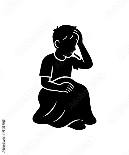 Boy feeling unwell with headache and checking temperature