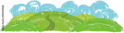Children textured vector illustration showing range of green grassy hills with central winding path and swirling blue crayon style clouds in background.