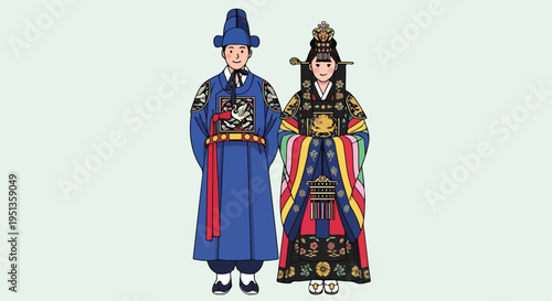 Stylized Korean royal couple in traditional attire, a man and woman