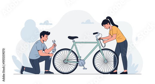 A man and woman fixing a bicycle together, with tools and spare parts