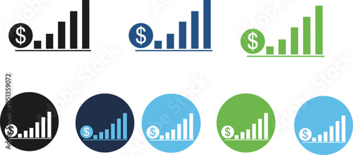 Vector illustration set showing six financial growth icons with dollar signs and ascending bar charts, displayed in black, blue, green, and circular variations