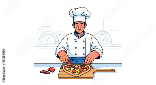 A chef in a white uniform prepares a heart-shaped pizza with salami and mushrooms