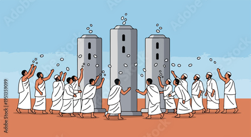 Pilgrims in white robes throw stones at pillars against a blue sky