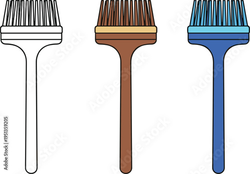 Vector illustration set showing three hair dye brushes evolving from simple black outline drawing to fully colored brown design and vibrant blue variation