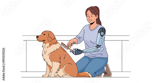 Woman with prosthetic arm gently brushes her golden retriever dog