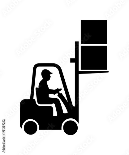 Forklift operator lifting cargo container silhouette icon