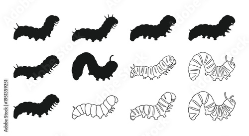 Collection of caterpillar silhouettes and line drawings in various poses