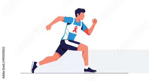 A male athlete runs with a red ribbon symbol on his bib, emphasizing a cause