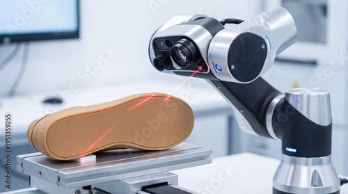 Robotic arm with laser scanning technology inspecting shoe sole on a workbench in a modern laboratory setting with computer screens in the background
