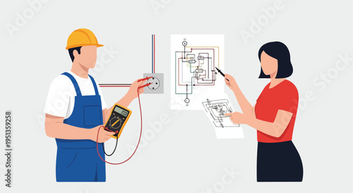 Electricians inspecting wiring diagram and using multimeter for electrical work