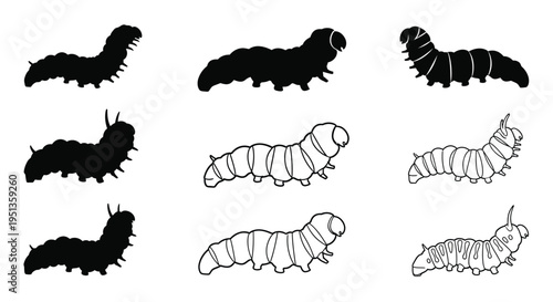 Black and white illustrations of caterpillars in various poses and styles