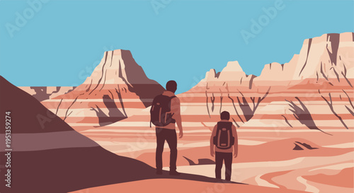 Two hikers stand on a dusty ridge overlooking a vast desert canyon landscape