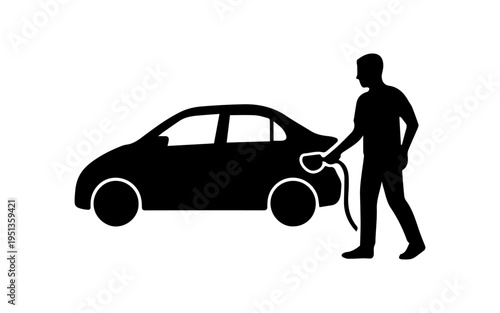 Man silhouette refueling car, transport concept