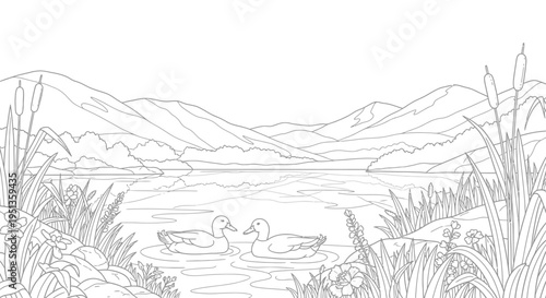 A peaceful lakeside scene featuring two ducks swimming in calm waters