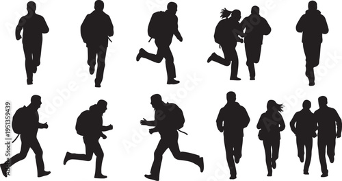 Silhouettes of people running and walking in various poses