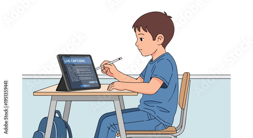 Boy at desk using tablet with stylus, with "LIVE CAPTIONS" displayed
