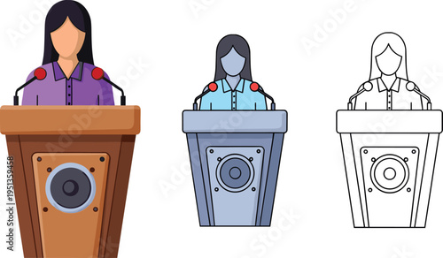 Vector illustration set showing three podium speaker designs with microphones, evolving from fully colored rendering to simplified version and black outline drawing