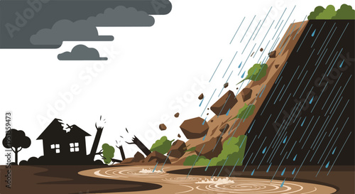 Heavy rain causes a landslide, damaging a house and trees