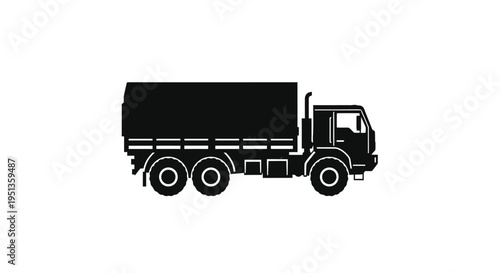 A stark black silhouette of a large military transport truck