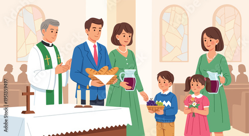 Religious ceremony with priest, family offering bread, wine, grapes, and flowers