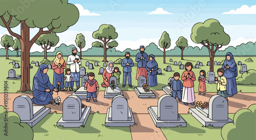 A Muslim family gathers for remembrance at a peaceful cemetery