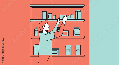 Person reaching for items on a multi-shelf unit