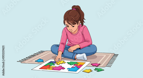 A young girl with a ponytail sits cross-legged on a rug, completing a colorful jigsaw puzzle