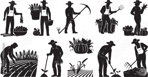 Farmers at work in fields with various tools silhouettes