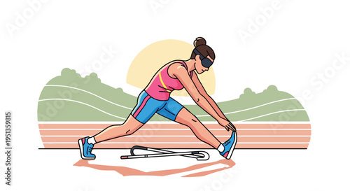Athlete with visual impairment stretches before race on track with cane