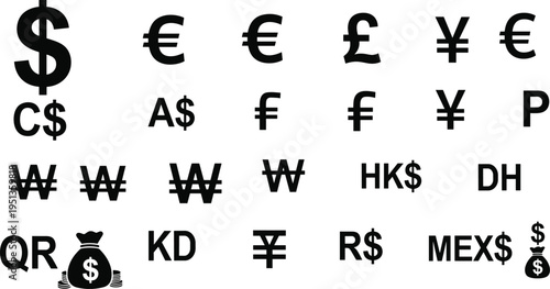 Vector set of international currency symbols including dollar, euro, pound, yen, franc, peso, won, riyal, dinar, real, financial icons