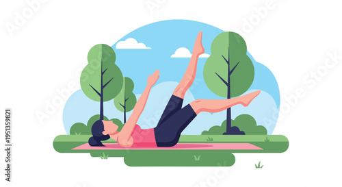 Woman exercising on a mat in a park with trees and clouds