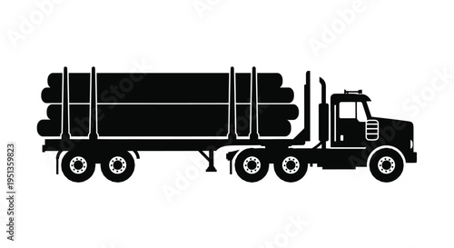 A black silhouette of a logging truck carrying large timber logs