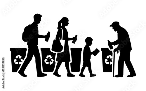 People recycling waste into bins across generations